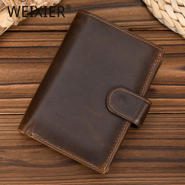 Customized Logo Vintage Genuine Leather Short Wallet for Work Portable Men's Three Fold Multi Slot Coin Purse Button Closure