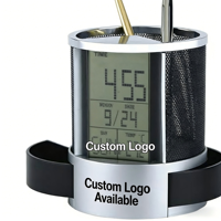 Porte-stylo rond multifonctionnel en métal avec calendrier, réveil, organisateur de bureau stable pour le rangement de fournitures scolaires et de bureau