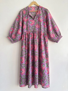 Vestido Midi Bohemio de Algodón con Rayas Rosas y Estampado Floral, con Estampado a Mano, para Mujer, Ropa Informal de Resort y Estilo Veraniego - Product Image 2