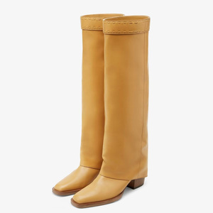 Women Top Sewing Line Knee High Boots Overlay on Long Booties Ladies Western Style Chunky Heels Pants <b>Shoes</b> - Product Image 1