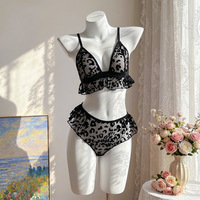 Ensemble de lingerie sexy Deep Love Black Hot Fashionable Leopard Print See-through Mesh Ruffle Bow Embellished