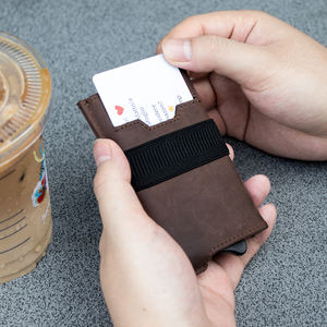 Dropshipping Portefeuille Slim Minimaliste Vintage en Cuir de Vache Véritable Auto Eject RFID Blocking Pop Up Business Credit Card Holder Case - Product Image 2
