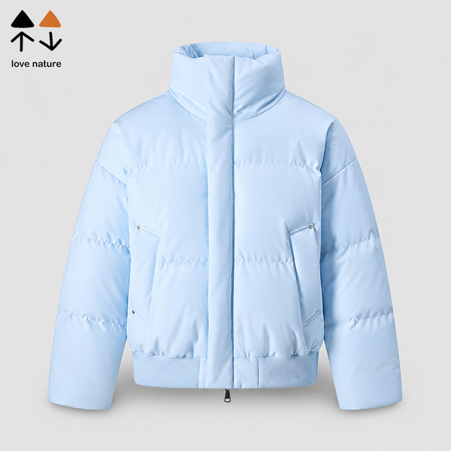 Unisex Thickened Warm Winter Puffer Jacket Soft Puffy Touch Stand Collar Padded Polyester Coat Ribbed Hem Street Wear