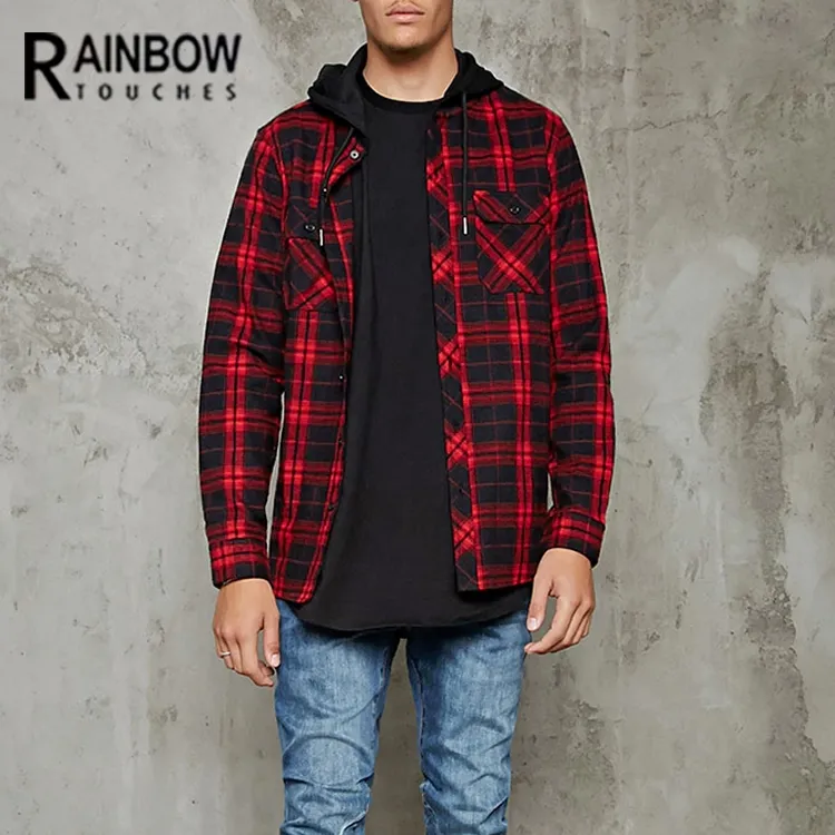 Moda Toptan Erkek Flanel çift cep Ekose Casual Gömlek Hood Ile