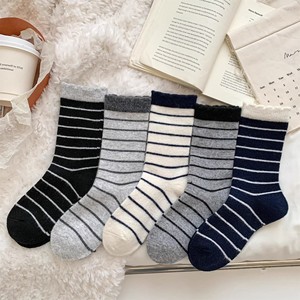 Striped Slouch Socks For Women Mid Calf Lace Trim Thermo Sweat Absorbing Polyester Fiber Casual Autumn Winter Wear - Product Image 4