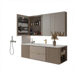 Meuble-lavabo mural moderne en contreplaqué avec miroir ovale et vasque à fermeture douce - Product Image 4