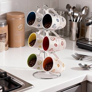 Support mural décoratif pour tasses à café en grès céramique contemporain à 6 crochets, compatible lave-vaisselle et micro-ondes - Product Image 3