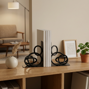 AK Brass Black Round Rings Metal <b>Bookends</b> Set Of 2 Unique Decorative Book Ends for Home Office Library Shelf Decor - Product Image 3