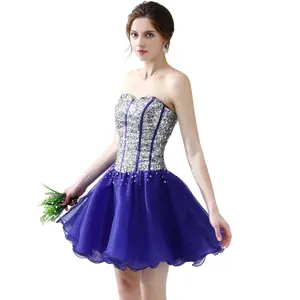 Short Mini Cocktail Party Dresses Quality Tulle Beaded Crystals Sweetheart Above Knee Corset Purple Homecoming Graduation Gown