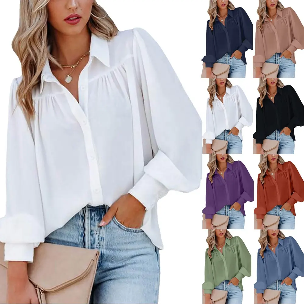 2023 Casual pleated ladies elegant plain white shirt top formal long sleeves office blouse for women
