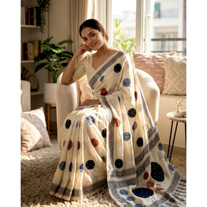 Sari en coton imprimé à la main, longueur ras du sol, séchage rapide, bordure florale, élégant, tenue indienne, robe portefeuille pour femme, mariage, Diwali, fête - Product Image 1