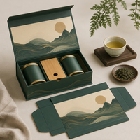 Boîte cadeau pliable de luxe personnalisée avec logo du fabricant, vert foncé, motif vague abstraite et montagne, pour emballage de boissons