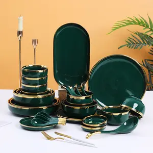 Nordic Style Luxus Goldrand Keramik Geschirr China Dunkelgrün Geschirr Set Feines Smaragd Geschirr Set