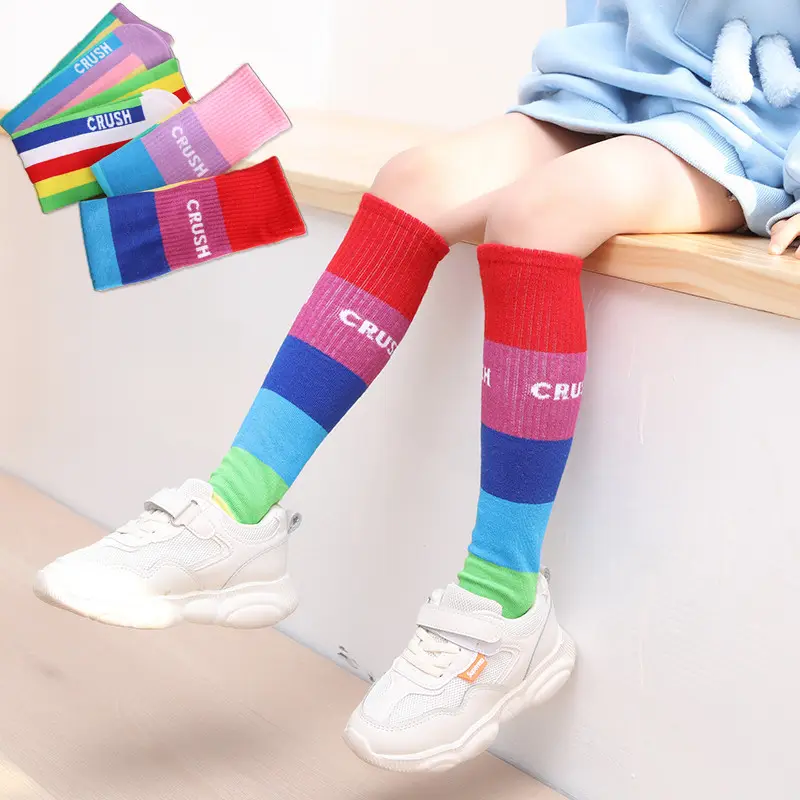 Korean Knitted Candy Color Rainbow Strip Children Cotton Socks Kids Baby Slouch Knee High Socks
