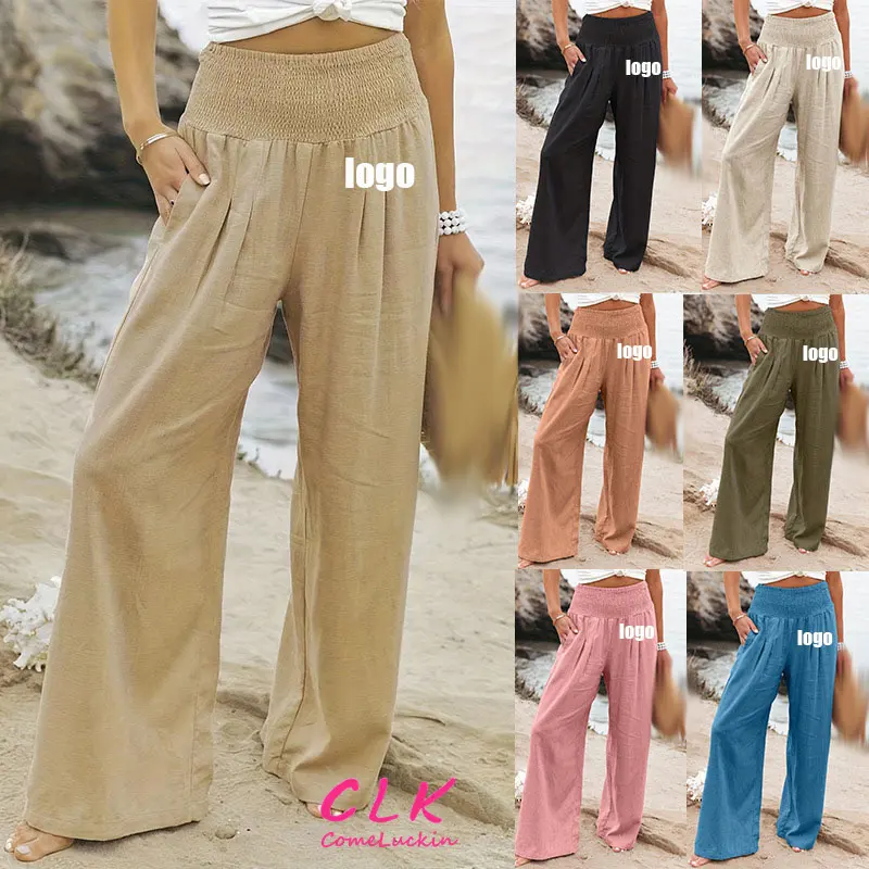 Pantalones sueltos de algodón y lino a la moda para mujer con logotipo personalizado, pantalones largos de pierna ancha, pantalones de vacaciones con cintura elástica