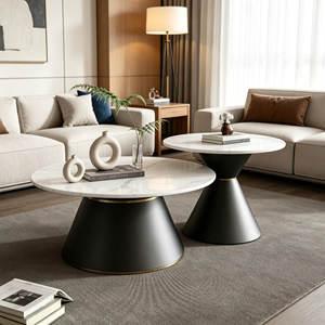 Ensemble de tables basses gigognes rondes minimalistes noires avec plateau en marbre et piédestal conique, style luxe léger, pour salon et hôtel - Product Image 5