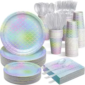 Pafu Mermaid Supplies for 10 People Ocean Party Disposable Dinnerware Girl Birthday Baby Shower All-in-One Party Supplies Set