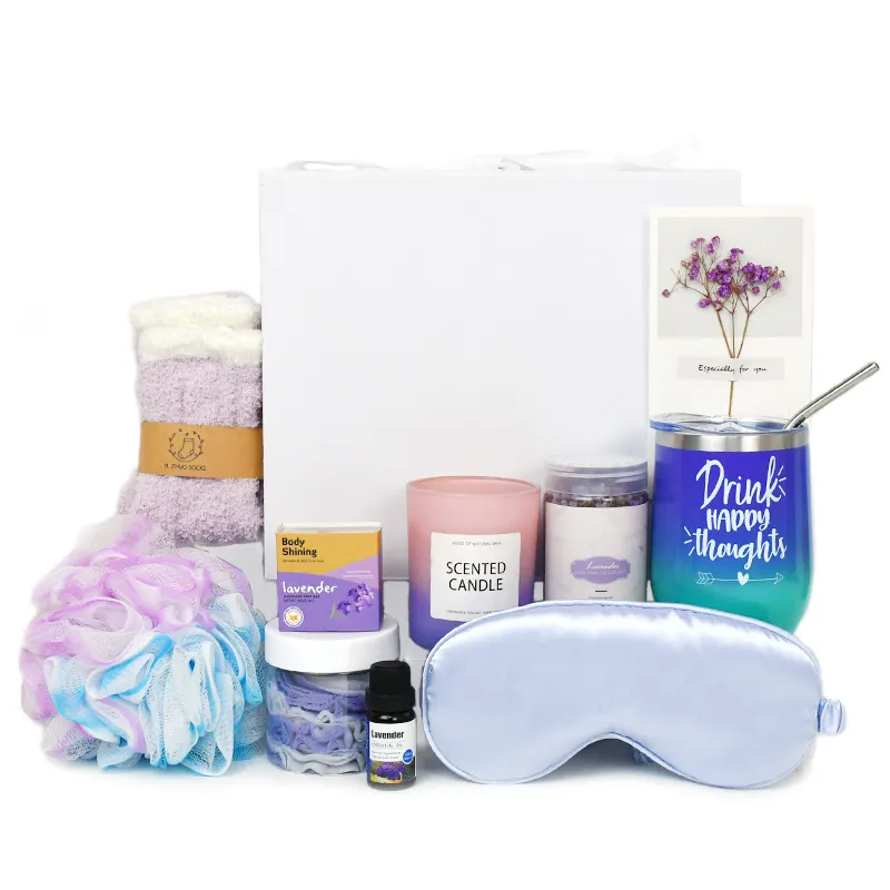 Atacado Spa Gift Cestas Self Care Lavender Gift Set Banho Corpo Óleo Corporal Floral Spa Care Package Mug Set Gift Box