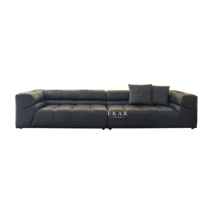 Ensemble de canapé d'angle modulaire italien sectionnel en cuir véritable noir meubles de salon en forme de U ensemble de canapé noir en direct