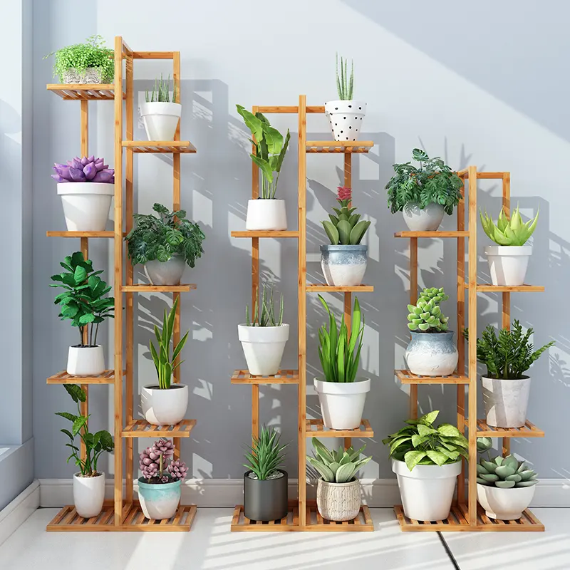 Wooden 6 Tier 7 Potted Tall Plant Flower Pot Shelf Wood Bamboo Corner Plant Stands for Multiple Indoor Plants