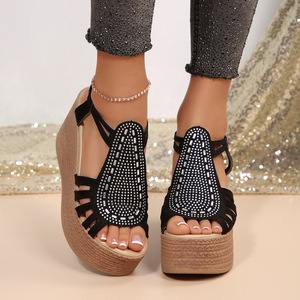 Women Rhinestone Wedge <b>Sandals</b> Summer New Thick Sole Platform Large Hollow Elastic Strap Roman <b>Sandals</b> - Product Image 3
