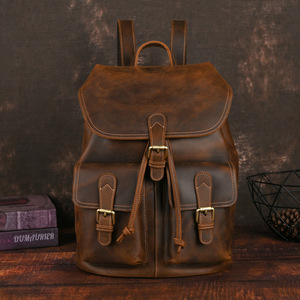 กระเป๋าเป้หนังแท้ผู้ชาย หนังวัวแท้ลาย Crazy Horse สีน้ำตาลเข้ม สไตล์วินเทจ  ขนาดใหญ่ จุของได้เยอะ มีหลายช่อง - Product Image 1