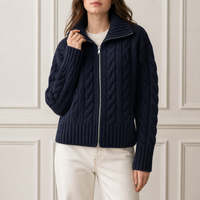 Maßgefertigte Damen-Strickjacke in Marineblau mit Reißverschluss, Umlegekragen und Langen Ärmeln, OEM ODM Fabrik Großhandel Winter-Strickwaren