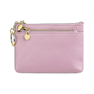 Porte-monnaie compact en cuir véritable pour femme avec fermeture éclair métallique, boucle porte-clés, doublure douce en polyester, tons pastel doux - Product Image 4