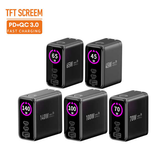 140W 100W 70W 65W 45W GaN PD3.1 AI-Powered Screen Display 2C1A USB-C Fast Charger with OTP Protection
