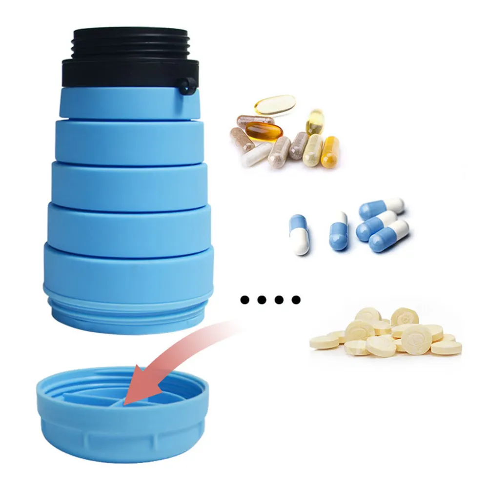 750ml Collapsible Folding Tumbler with Daily Pill Case Foldable Silicone Sport Water Bottle Combine Drugs Box Leak-Proof Cup