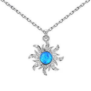 Dylam Exclusive Fine Jewelry Women S925 Silver Link Chain Dainty Synthetic Opal Stone 5A Zirconia Sun Shape Pendant Necklace