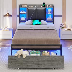Twin <strong>Bed</strong> <strong>Frames</strong> LED Charging Station Upholstered Storage Headboard <strong>Platform</strong> <strong>Bed</strong> <strong>Frame</strong> Drawer No Box Spring Needed Easy Assembly - Product Image 2