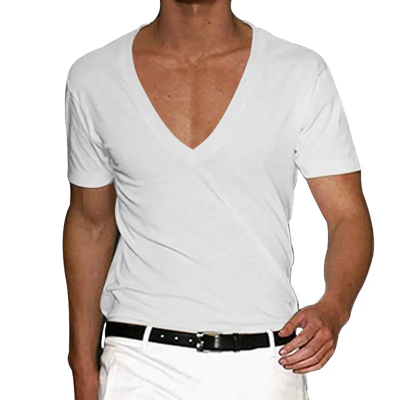 Erkek tişört derin v yaka erkek ince seksi düz renk günlük T-shirt
