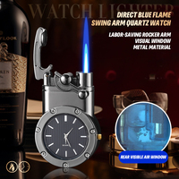 Briquet à flamme double orientable avec interrupteur, style rétro en métal, chambre à gaz transparente, coupe-vent, avec montre intégrée