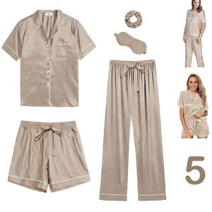 Kunden spezifische Luxus 5-teilige einfarbige kurze modale Seide Satin Baumwolle Bambus hose passende Pyjamas Damen Pyjama Set - Product Image 4