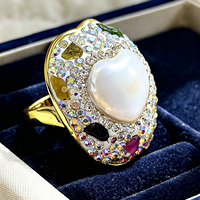 Bague ajustable en alliage avec perle baroque naturelle d'eau douce en forme de cœur et tourmaline incrustée, pour femme, idéale pour les fêtes ou comme cadeau