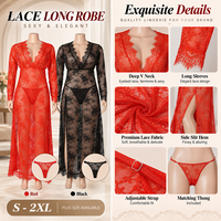 Ensemble de lingerie grande taille sexy en dentelle cils, robe de nuit à manches longues, décolleté plongeant en V profond, fente, transparente, avec string, tailles S-2XL, vente en gros