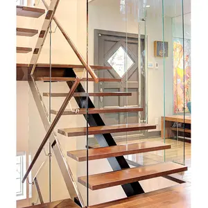 Escalera de madera moderna para interiores, escalones de Casa dúplex flotante, soporte de Metal, caja de escalera de tirante individual