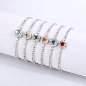 Joyería fina personalizada pulsera ajustable con gemas coloridas Cadena de plata de ley 925 pulseras de moissanita de alta calidad para mujer