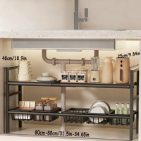 Étagère de rangement sous l'évier à 2 niveaux noire, extensible, en acier au carbone, avec étagères réglables en hauteur