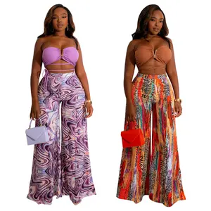 K10236 2023 New Arrivals Sexy Backless Tube Top Printed Wide Leg Pants Set Women Fashion Palazzo Pants Two Piece Casual Outfits