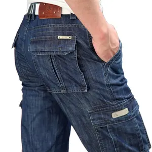 Men Jeans Regular Stretchy Motorcycle Denim Pants Straight Leg Men Cargo Pants Casual Multi-pocket Jeans Male Clothes