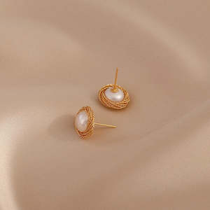 WENCHI 1573 <b>Handmade</b> Women's Pearl Stud <b>Earrings</b> with Twist Design - Product Image 4