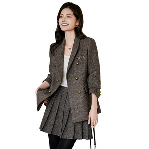 Women's Grey Suit <b>Jacket</b> Set With Pleated Skirt Solid Color Polyester Worsted No-Wrinkle Treatment Spring Autumn Casual Wear - Product Image 5