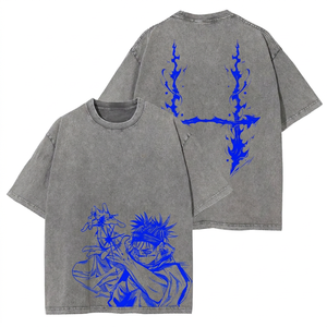 เสื้อยืดอนิเมะ J-Jujutsu K-Kaisen วินเทจ ล้างสี CHOSO ทรงปกติ แขนสั้น ฟุชิงุโระ โทจิ ซุคุนะ โกโจ ซาโตรุ 100% สำหรับผู้ชาย - Product Image 2