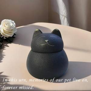 Zwarte porseleinen lachende kat crematie urn - schattige dikke kat gedenkdoos sterke afdichting 250ml inhoud - Product Image 6