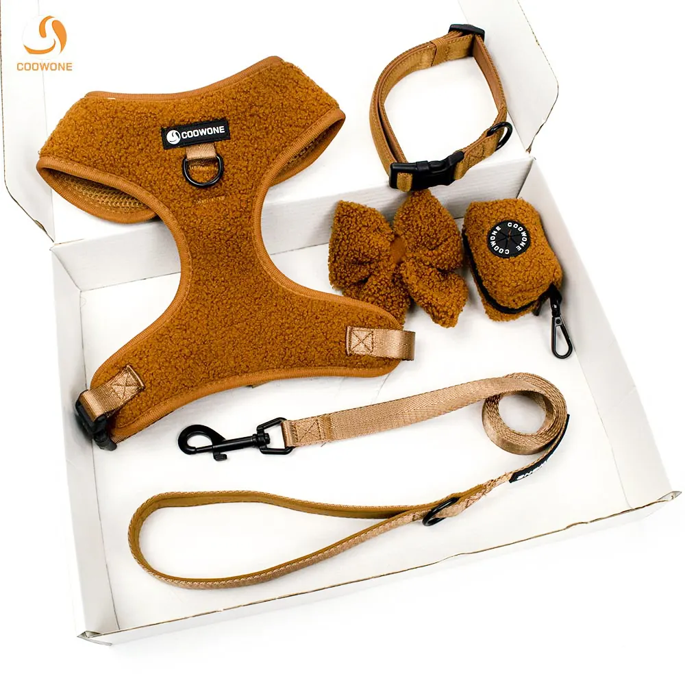 Coowone Personalizar Teddy Sherpa Dog Arnés Y Correa Set Collar De Perro Cachorro Con Dispensador De Bolsa De Caca