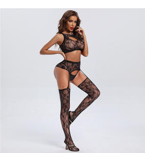 Ensemble de lingerie féminine en dentelle, entrejambe ouvert, sans déshabillage, avec <span class=keywords><strong>porte</strong></span>-jarretelles séduisant et <span class=keywords><strong>bas</strong></span> <span class=keywords><strong>résille</strong></span> noirs, sous-vêtements sexy et tentants - Product Image 1