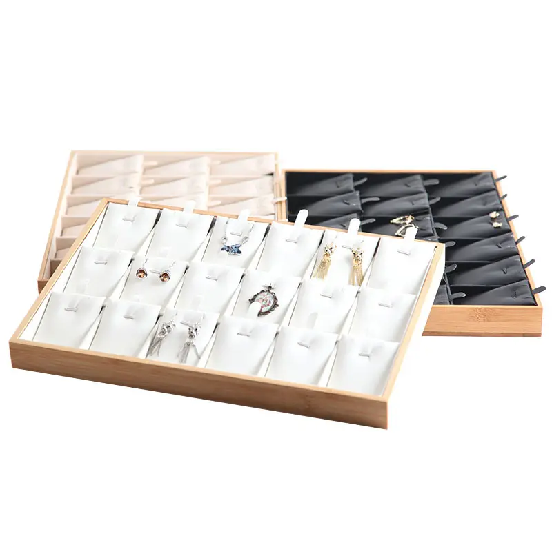 Bamboo Wood 18 Slot PU Leather Pendant Earring Storage Tray Jewelry 24 Slot Necklace Beige Velvet Display Tray For Counter Show