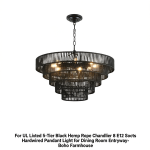 Lustre suspendu 5 niveaux en corde de chanvre noire, 8 douilles E12, câblage direct, pour salle à manger, entrée, style bohème et ferme - Product Image 1